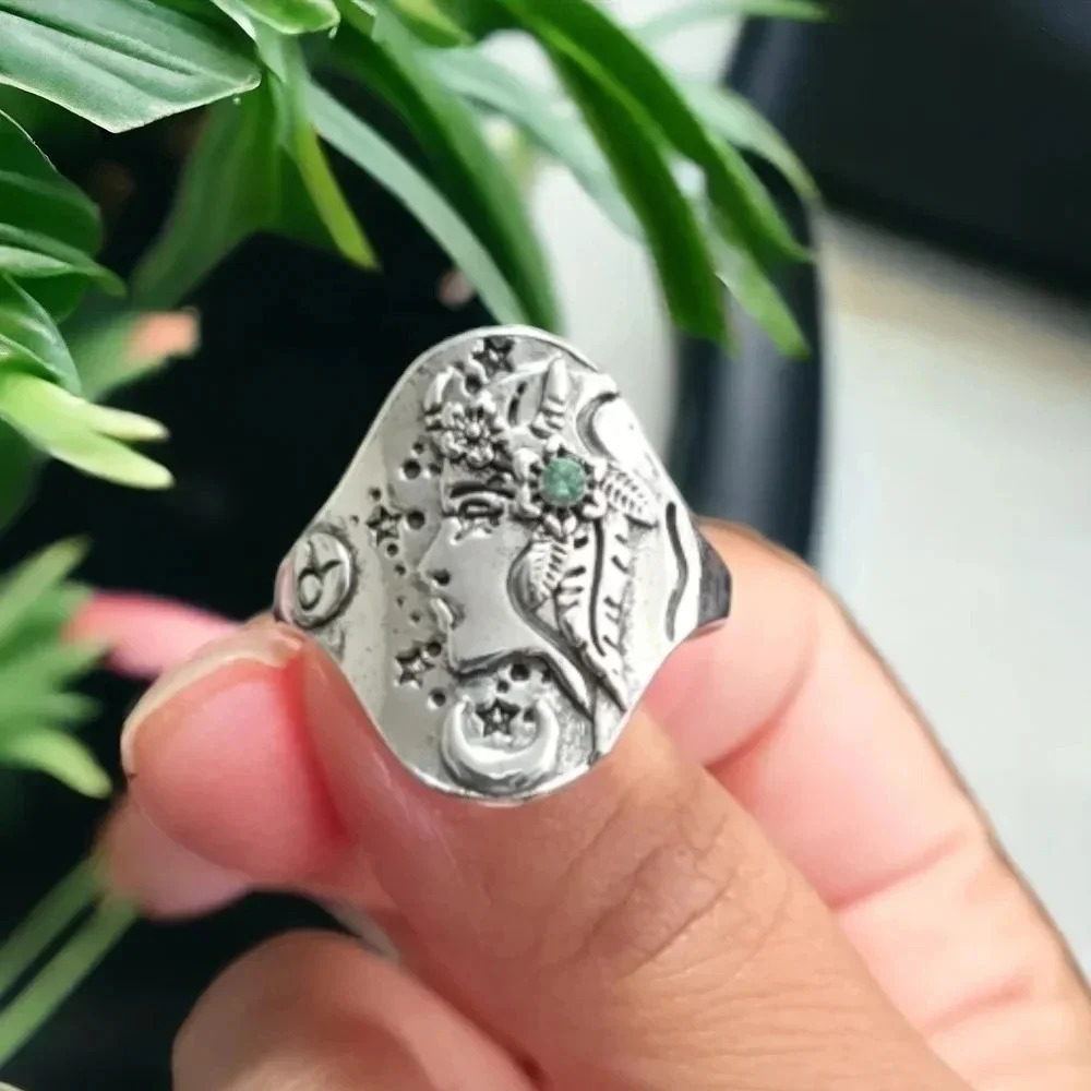 Silver Bohemian Woman Face Silver Ring